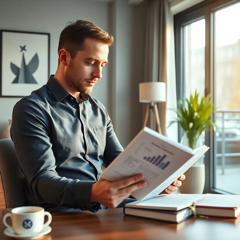 Nederlandse zakenman leest financieel boek tijdens ochtendgewoonte
