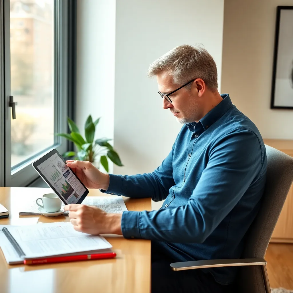 Nederlandse professional die 's ochtends financieel nieuws leest op tablet met koffie